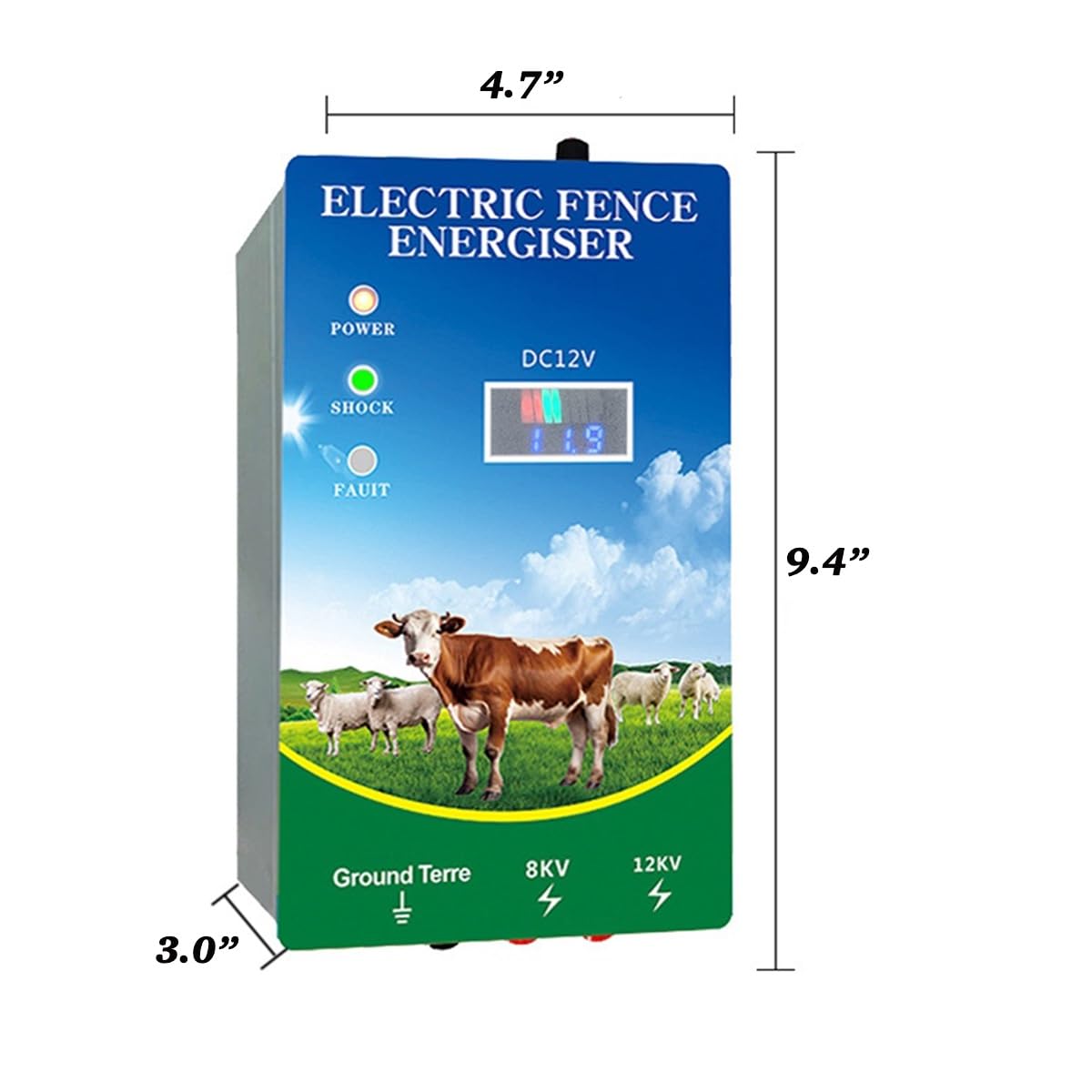 6 Mile Electronic Fence Charger, DC/AC/Solar Electric Fence Energizer, VQP 8KV 12KV 2J Output with LED Display for Large Wildlife Cattle Horses Goats Livestock Poultry Garden Orchard Ranch