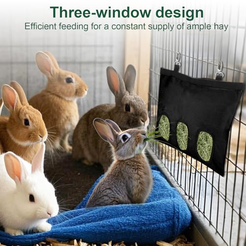 2 Pcs Rabbit Hay Feeder,Guinea Pig Hay Feeder,13×10.8 Inch Guinea Pig Bag,Small Animal Feeding Bag for Rabbits, Hamsters, Hedgehogs (3 Holes,Black)
