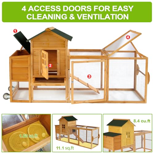 ECOLINEAR Large Chicken Coop with Wheels, Waterproof Outdoor Hen House for 6-8 Chickens, Movable Chicken House with Two Nesting Box, Removable Tray, PVC Cover, Wooden Duck Coop Rabbit Hutch