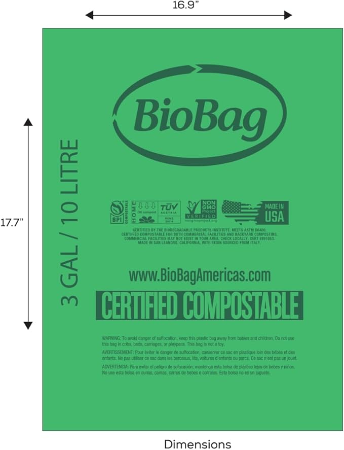 BioBag Countertop Kitchen Compost Bin & 25 Count 3-Gallon Certified Compostable Bags – BPI & ASTM D6400 Approved – Ventilated, Dishwasher-Safe Counter Scrap Bin