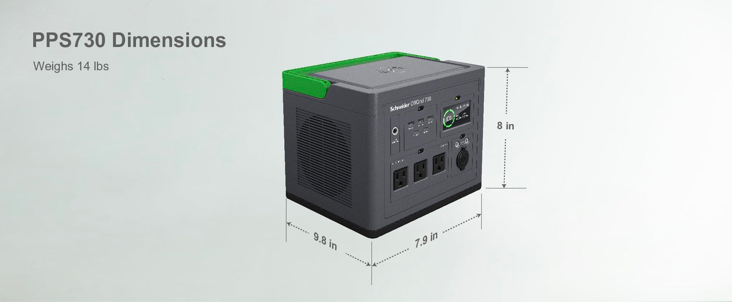 Schneider OffGrid Portable Power Station 738W / 728Wh Portable Solar Generator for Camping or Home, PPS730, Wireless phone charger, solar generator options
