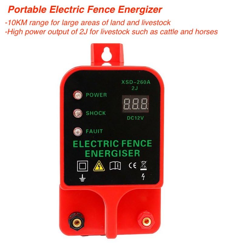 10KM Electric Fence Charger, Portable Electric Fence Energizer, 2J Waterproof Fence Charger for Livestock Cattle Horse, AC/Battery Powered, Alarm Function
