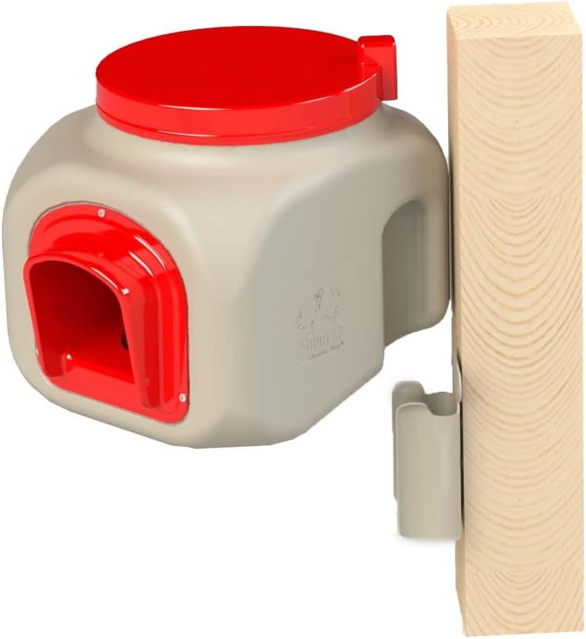 OverEZ Compact Chicken Feeder - Holds 25 Pounds of Feed - Inside or Outside Hen Coop - Large Gravity Fed Automatic Poultry Food Dispenser - No Waste Rainproof Design