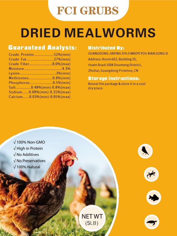 FCI GRUBS Dried Mealworms 5LB-High Protein Chicken Feed,More Protein,No Additives,Premium Organic Non-GMO,Rich in Protein Meal Worms for Chickens,Wild Birds,Laying Hens,Turkeys-Nutrient-Rich Mealworms