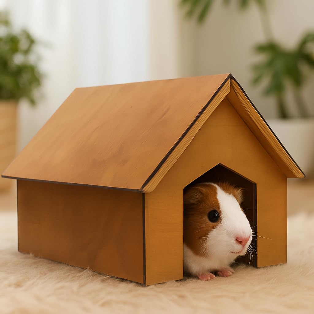 Guinea Pig House, Wooden Hut Hideout, Easy Assembly Slide-in Grooves, No Screws Needed, CNC Precision Crafted, PU Coated, Decorated Small Pet Shelter
