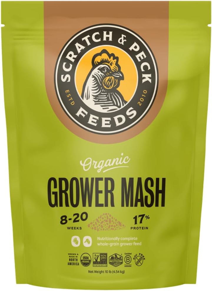 Scratch and Peck Whole Grain Grower Mash Chicken and Duck Feed - 10 lbs Bag - Corn-Free and Soy-Free - 17% Protein, Certified Organic and Non-GMO Project Verified Chicken Food