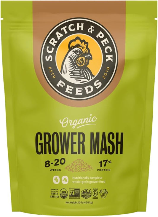 Scratch and Peck Whole Grain Grower Mash Chicken and Duck Feed - 10 lbs Bag - Corn-Free and Soy-Free - 17% Protein, Certified Organic and Non-GMO Project Verified Chicken Food