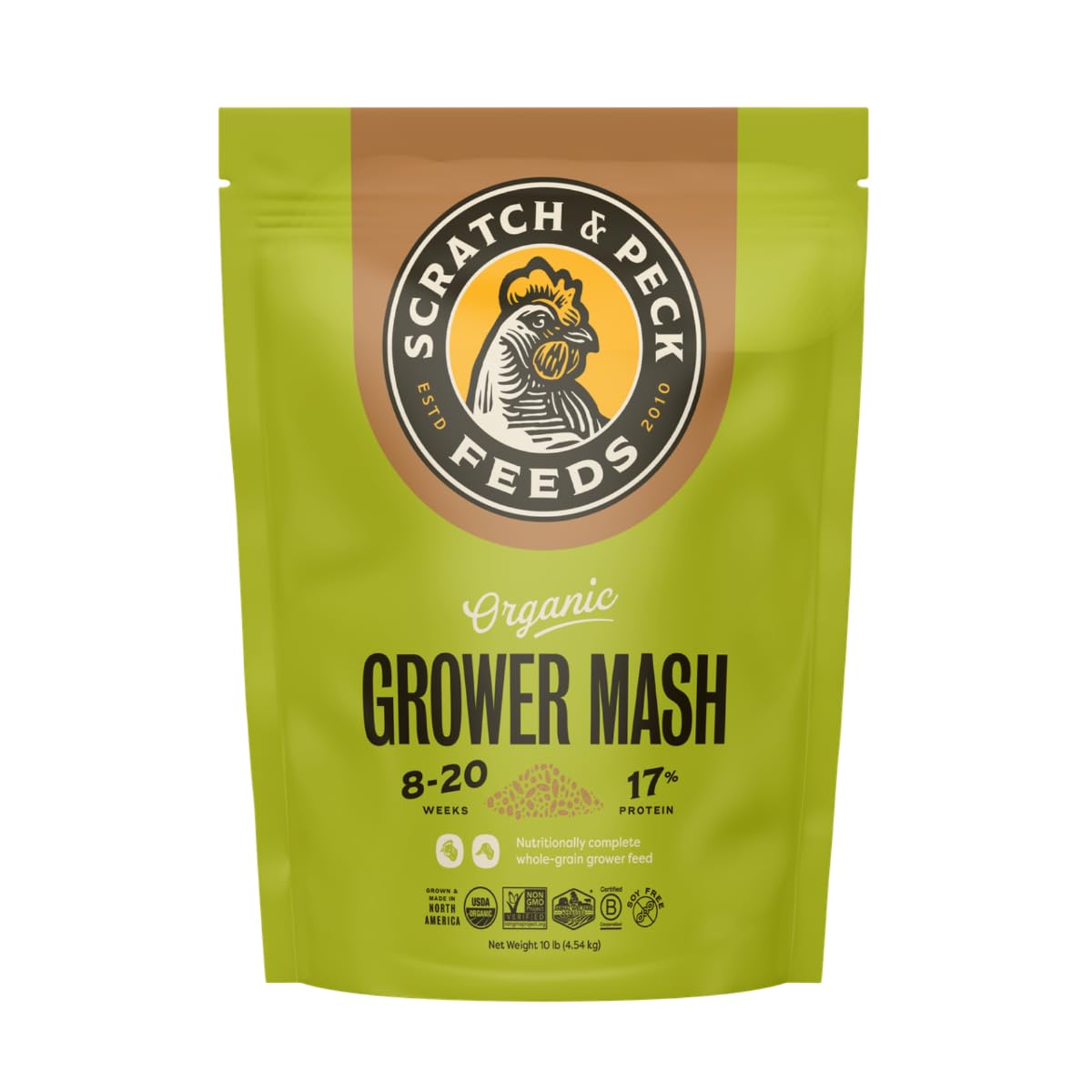 Scratch and Peck Whole Grain Grower Mash Chicken and Duck Feed - 10 lbs Bag - Corn-Free and Soy-Free - 17% Protein, Certified Organic and Non-GMO Project Verified Chicken Food