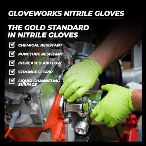 GLOVEWORKS HD Green Nitrile Industrial Disposable Gloves, 8 Mil, Latex-Free, Raised Diamond Texture, Large, Case of 1000