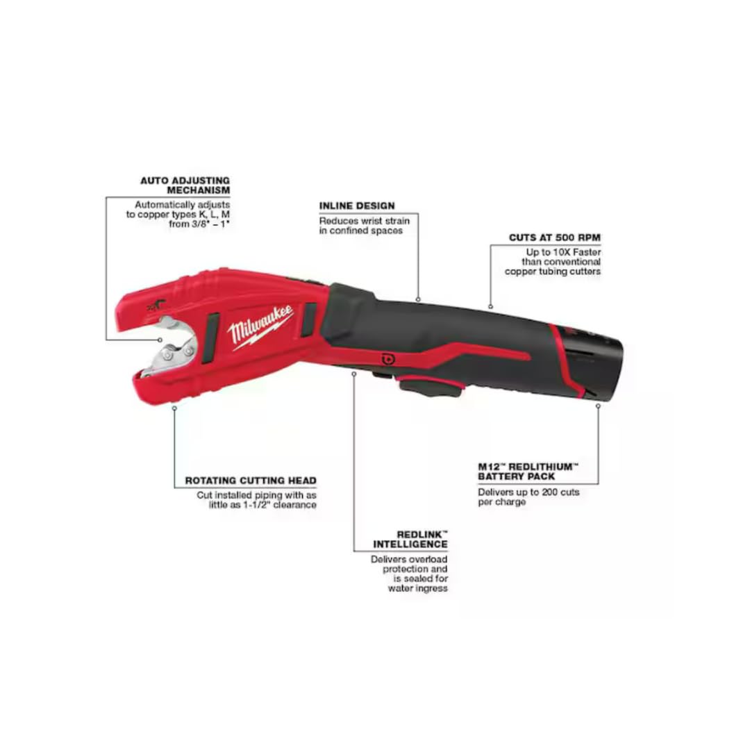 Milwaukee 2471-20 M12 Cordless Lithium Ion 500 RPM Copper Pipe and Tubing Cutter Adjustable from 3/8" to 1â€ Diameters (Battery Not Included, Power Tool Only)