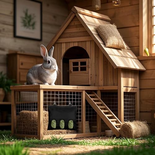 2 Pcs Rabbit Hay Feeder,Guinea Pig Hay Feeder,13×10.8 Inch Guinea Pig Bag,Small Animal Feeding Bag for Rabbits, Hamsters, Hedgehogs (3 Holes,Black)