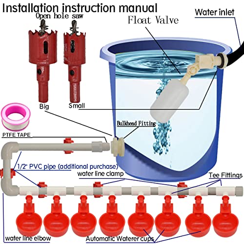 Complete Set Pipeline Automatic Chicken Nipple Waterer Cups and 1/2" PVC Tee Fittings Pipe Feeder Poultry Waterer Chicken Waterer pourtly Water Cup Durck Watering System