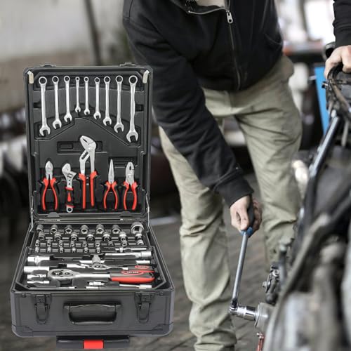 Black Hand Tool Box With 4 Layers Of Toolset,Aluminum Trolley Case Tool Set,Rolling Tool Case Box On Wheels,899pcs Household Hand Kit for House Repair, Garden, Office