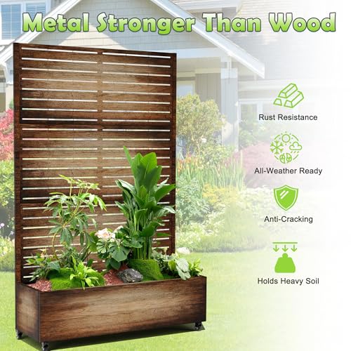 15.7"×70.9"×47.2" Metal Raised Garden Bed with Trellis and Wheels - Tall Trellis Planter Box for Climbing Plants, Vegetables & Vines - Outdoor Privacy Planters for Patio (Acacia Wood Grain-Louvered)