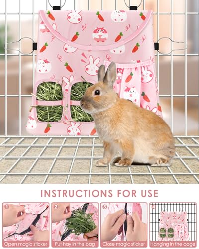 Bissap 2PCS Rabbit Hay Feeder Bag, 2 Holes Hanging Hay Feeder Guinea Pig Hay Bag for Rabbits Bunny Chinchillas Hamsters Rats and Other Small Pets Small Animal - Pink & Beige