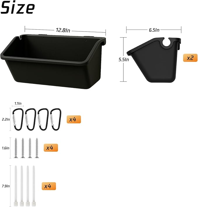 Hanging Chicken Feeder Troughs (2Pack, 5 Qt) – Durable Black Plastic Poultry Feed & Water Buckets with Metal D‑Clips, Multi‑Animal Goat, Sheep, Duck, Pig, Horse, Chicken Coop Feeder