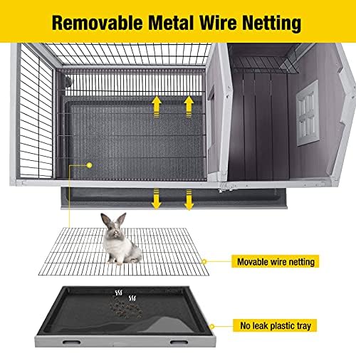 Aivituvin Wooden Rabbit Hutch with Removable Wire Floor Grid, Bunny Cage with Deeper Leakproof Tray 4 Wheels Include