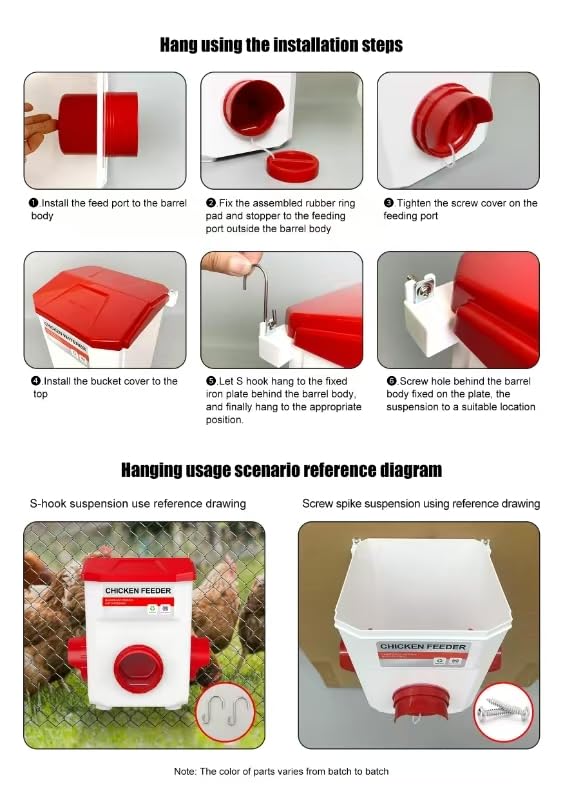 Automatic Chicken Feeder and Waterer Set(4 Buckets/2-3 gallons), 18 Pounds No Waste, Rain Proof Poultry Feeder, Avoid Small Animals, Suitable for Chicken, Duck, Turkey(Red Color)