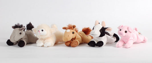 Plush Farm House with Animals- Five (5) Stuffed Farm Animals (Horse, Lamb, Cow, Pig, Grey Horse) in Play Farm House