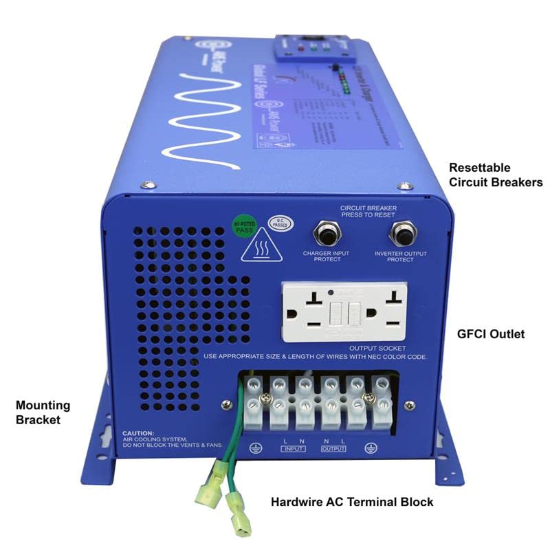 AIMS Power 2000 Watt 24 VDC Pure Sine Inverter Charger 120 VAC Output 30A Charger 30A Transfer Switch PICOGLF20W24V120VR