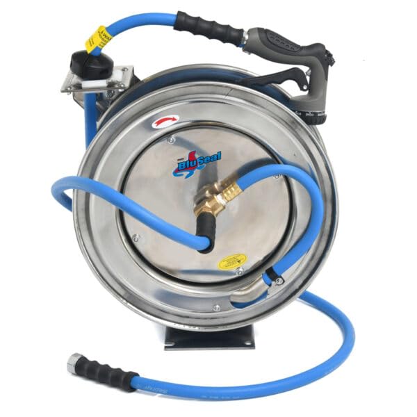 RMX BluSeal Auto Retractable Water Hose Reel with Hot & Cold Water Rubber Garden Hose, Spray Nozzle - Ultra Light, Super Strong with 6' Lead-in Hose (1/2" x 50' Stainless Steel)