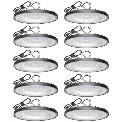 10 Pack UFO LED High Bay Light 200W, 30000 LM, 5000K Daylight, Commercial High Bay LED Shop Lights Fixture with 5' Cable US Hook for Warehouse Workshop Factory Barn Lighting