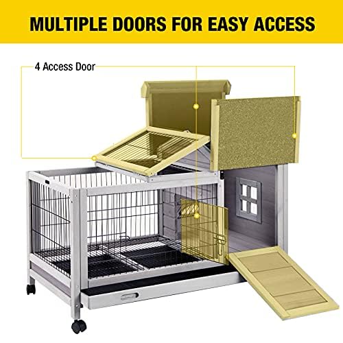 Aivituvin Wooden Rabbit Hutch with Removable Wire Floor Grid, Bunny Cage with Deeper Leakproof Tray 4 Wheels Include