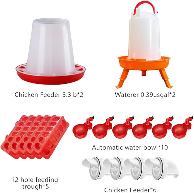 Chicken Feeder and Water Set, Including 2 Automatic Feeding Buckets, 2 Automatic Feeding Buckets, 10 Automatic Drinking Bowls, 6 Automatic feeders, and 5 Feeding and Feeding troughs
