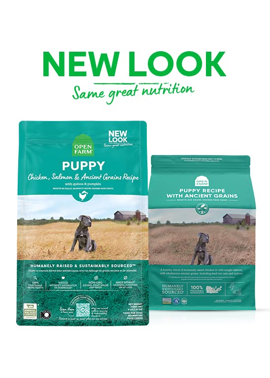 Open Farm, Ancient Grains Dry Dog Food for Puppies, Protein-Rich & Nutrient Dense, 90% Animal Protein Mixed with Non-GMO Fruits, Veggies and Superfoods, Chicken & Salmon Recipe for Puppy, 4lb Bag