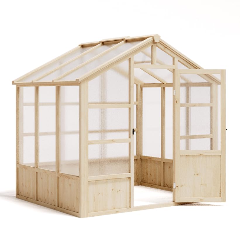 Wooden Greenhouse, 6x8FT Greenhouses with Lockable Door, Wood Frame & Adjustable Vent, Greenhouse with for Outdoor, Garden, Yard, Light Brown
