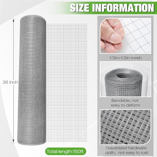 Tatuo 36in X 150ft Hardware Cloth 23 Gauge Hot Dip Galvanized After Welded Cage Mesh Rolls 1/2 Inch Metal Chicken Wire Mesh Roll Wire Fencing Poultry Netting for Raised Garden Rabbit Rodent Animals