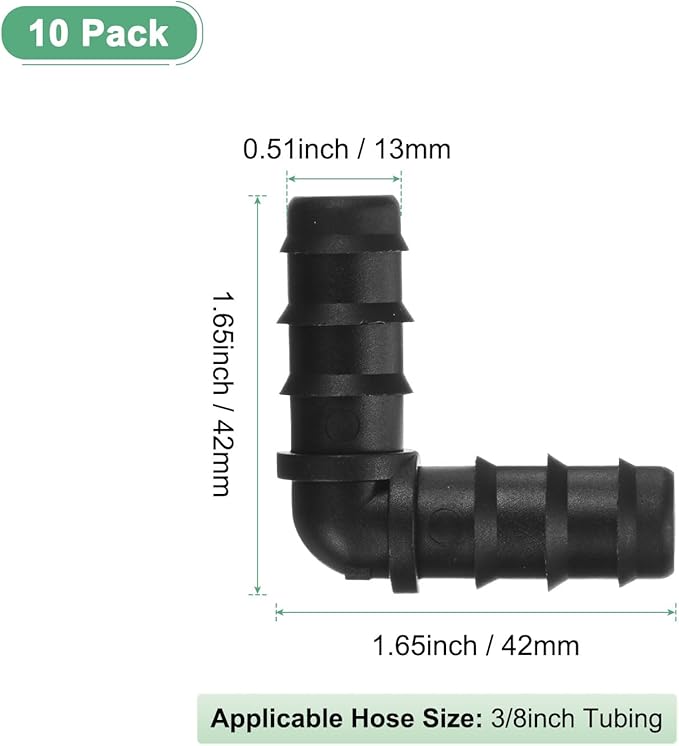 10-Pack Drip Irrigation Barbed Fittings, for 3/8 Inch Elbows Tubing Connector Plastic Coupling Irrigation Parts for Garden/Greenhouse/Aquarium/Flower Pot, Drip Pipe Accessories