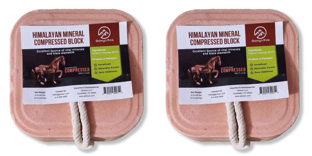 Glowyn Pink Himalayan Compressed Salt for Equine and Livestock Pack of 2 (4.4-4.9 lbs) Each Block Organic Salt Block with Natural Minerals