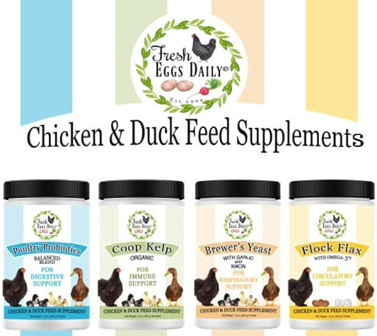 Fresh Eggs Daily Chicken and Duck Natural Feed Supplement Sampler 4-Pack Includes 12 oz. Poultry Probiotics Organic Coop Kelp Brewers Yeast with Garlic Flock Flax
