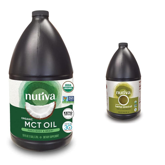 Nutiva Organic MCT & Hemp Seed Oils 128 fl oz (1 Gal) – Unflavored C8/C10 MCT from Non-GMO Coconut & Cold-Pressed Organic Hemp Seed Oil for Coffee, Keto, Energy, Smoothies, Salads, Baking