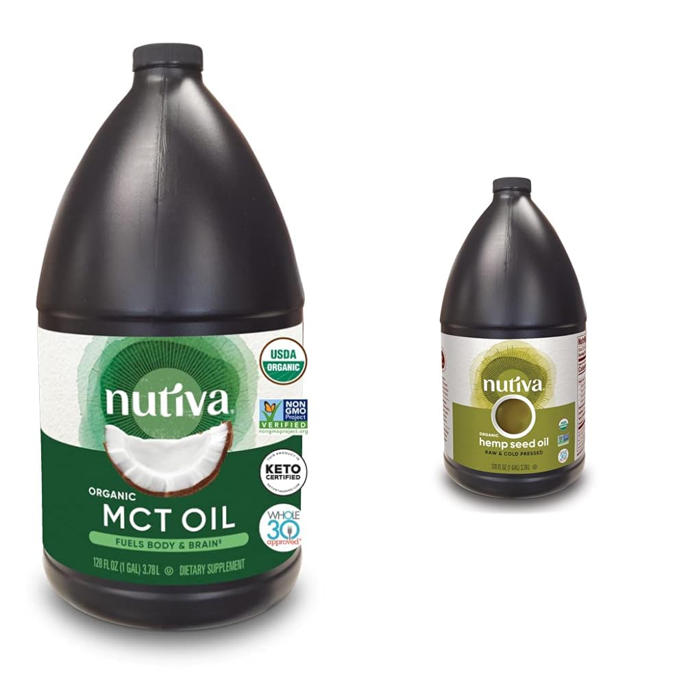 Nutiva Organic MCT & Hemp Seed Oils 128 fl oz (1 Gal) – Unflavored C8/C10 MCT from Non-GMO Coconut & Cold-Pressed Organic Hemp Seed Oil for Coffee, Keto, Energy, Smoothies, Salads, Baking