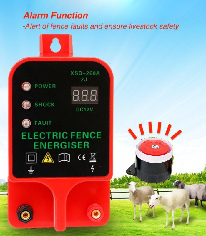 10KM Electric Fence Charger, Portable Electric Fence Energizer, 2J Waterproof Fence Charger for Livestock Cattle Horse, AC/Battery Powered, Alarm Function