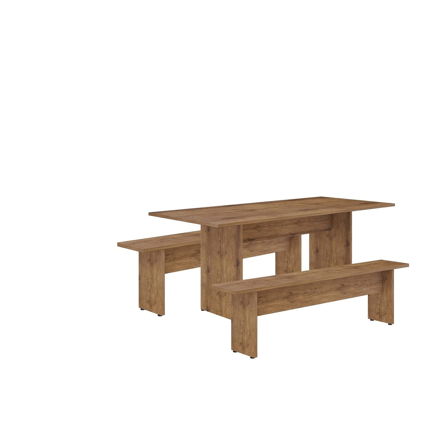 Manhattan Comfort Nomad 3 Piece Dining Set for 6 with Modern Kitchen Table and 2 Benches, Farmhouse Furniture with Rustic Wood Grain Finish, Pedestal Base, Easy Assembly, Dining Set, Nature