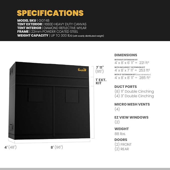 Gorilla Grow Tent Pro 4' x 8' x 6'11 to 7'11 w/Included Extension Kit - Tallest Premium Indoor Grow Tent, Thickest & Most Durable Gorilla Canvas, Strongest w/ 300lb Hang Capacity, Hydroponic Grow Box