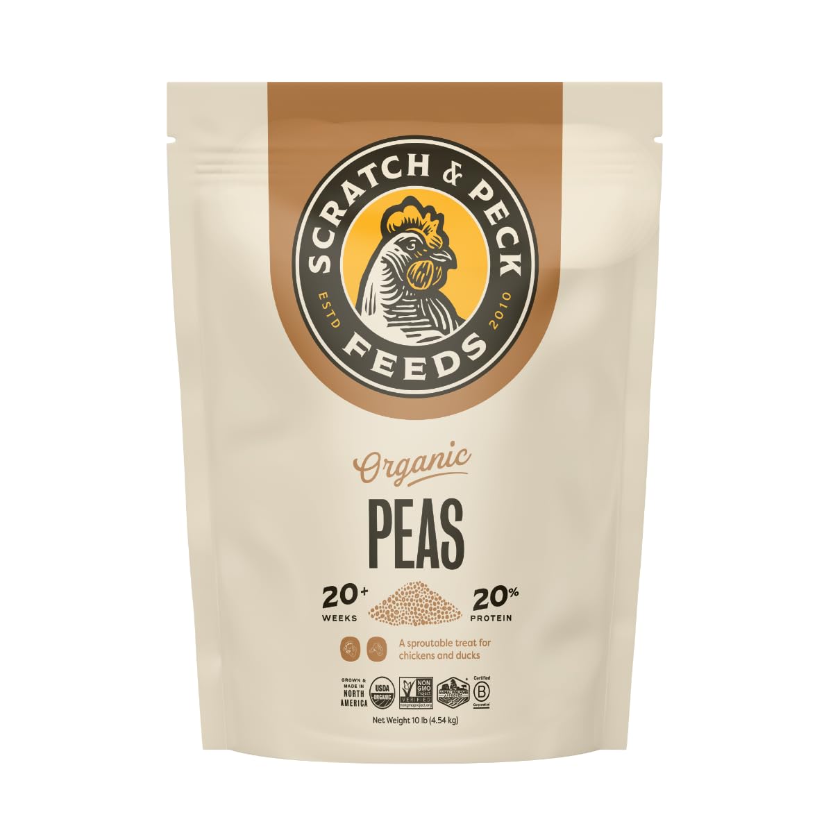 Scratch and Peck Whole Peas Chicken, Duck and Livestock Supplemental Grain - 10 lbs Bag - 20% Protein, Certified Organic and Non-GMO Project Verified Chicken Food