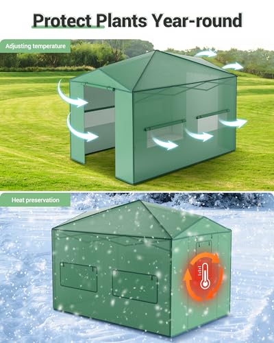 8X12 FT Portable Greenhouse for Outdoor,243 x 365 CM Wall in Pop Up Greenhouse for Gardening Plant, Zipper Roll Up Door & 4 Mesh Window, Double Frame, PE Cover Grow Tent for Winter, Green