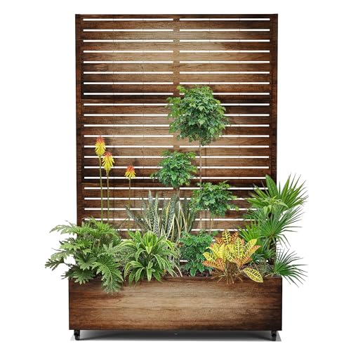 15.7"×70.9"×47.2" Metal Raised Garden Bed with Trellis and Wheels - Tall Trellis Planter Box for Climbing Plants, Vegetables & Vines - Outdoor Privacy Planters for Patio (Acacia Wood Grain-Louvered)