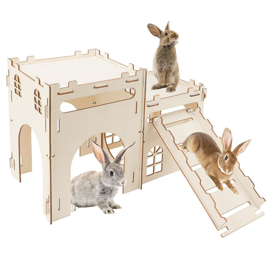 Rypet Large Wooden Rabbit Castle Bunny House, Sturdy Wood Bunny Castle with Stair, Detachable Rabbit Hideaway Breathable Small Animal Indoor Playhouse for Rabbits Hamster Guinea Pig Chinchilla Ferret