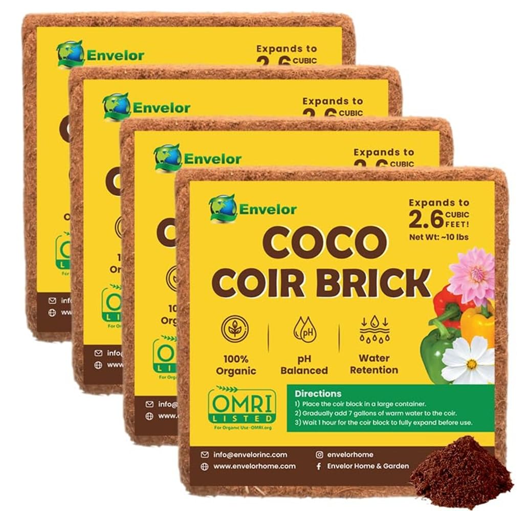 Coco Coir for Plants 4-Pack – 2.6 Cu. Ft. Compressed Coconut Coir Bricks, 10 lb. Organic, Low EC, pH Balanced Coco Peat for Indoor & Outdoor Gardening, Potting Soil, Indoor Plant Soil