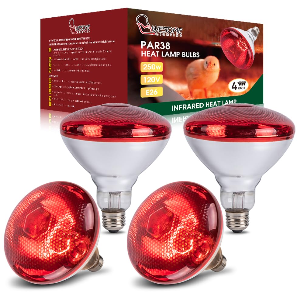 Wesome Lighting 4 Pack 250W Chicken Heat Lamp Bulbs, PAR38 Red Heat Lamp for Chicks, Infrared Reflector Heating Bulbs for Brooder Heater, Infrared Heat Lamp for Pet, Bathroom, Food