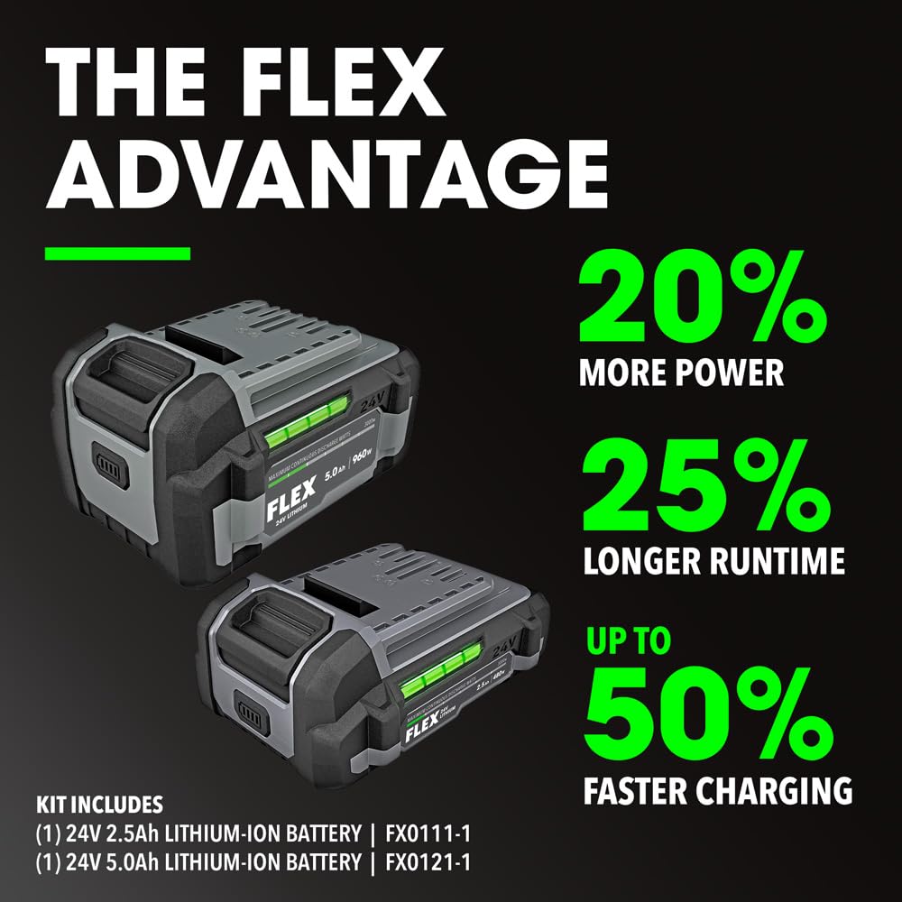 FLEX 24V Brushless Cordless 4-Tool Combo Kit: Circular Saw, Reciprocating Saw, Fixed Speed Angle Grinder, Drill Driver with 2.5 Ah, 5.0Ah Lithium Batteries and 160W Charger - FXM402-2B