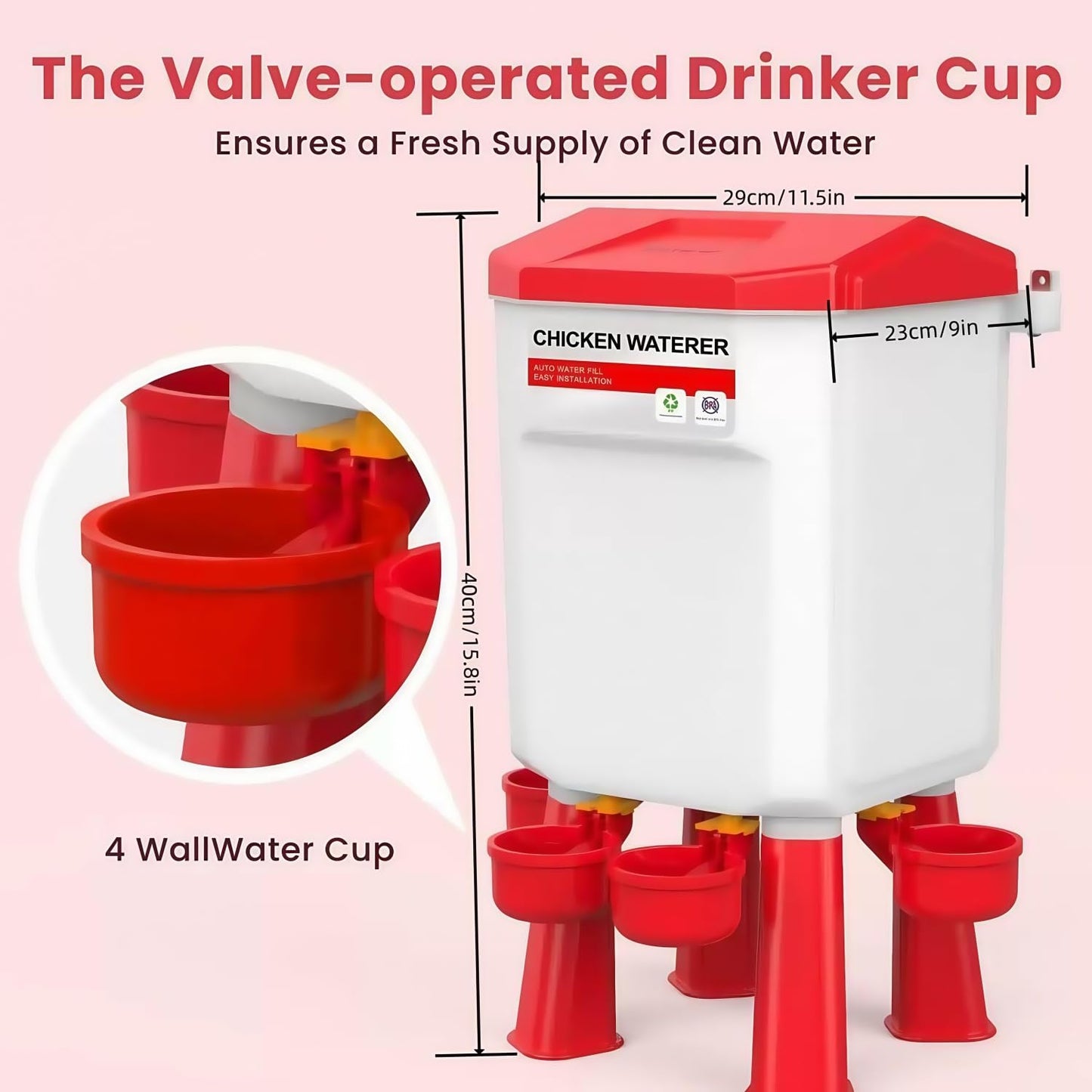 Automatic Chicken Feeder and Waterer Set(4 Buckets/2-3 gallons), 18 Pounds No Waste, Rain Proof Poultry Feeder, Avoid Small Animals, Suitable for Chicken, Duck, Turkey(Red Color)