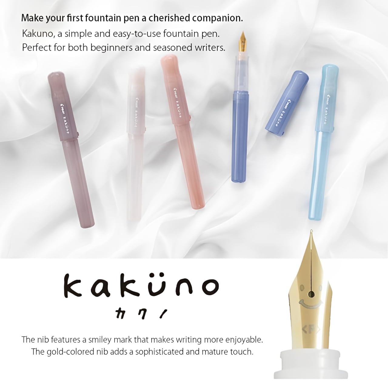 Pilot Kakuno Fountain Pen Madoromi Color Series, Gold (Smiley Face) Fine Nib, Perfect for Beginners and Creative Expression, Pink, PFKA-1MDPF