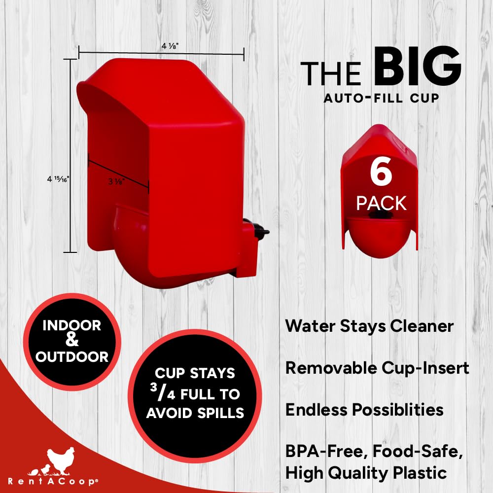 RentACoop DIY Waterer Kit - Auto-Fill Big Cups with Inserts - Great for Chickens, Ducks, Geese, and Turkeys- 6 Pack with Inserts and Anti-Dirt Cup Covers