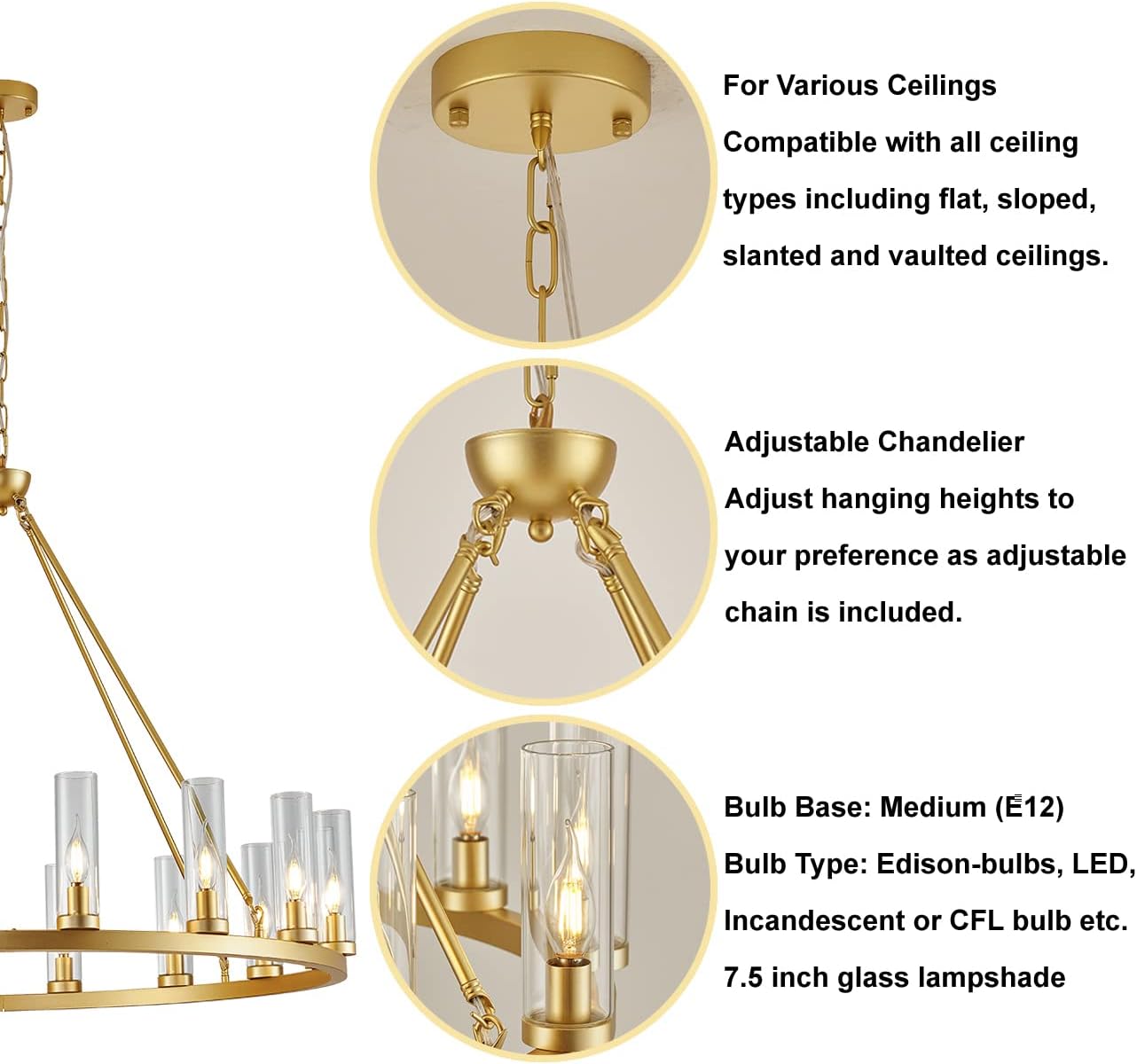Uboxin Farmhouse Wagon Wheel Chandelier,D42 16 Light Gold Industrial Rustic Chandelier Lighting, Round Kitchen Island Pendant Light with Clear Glass(42in-16 Lights)